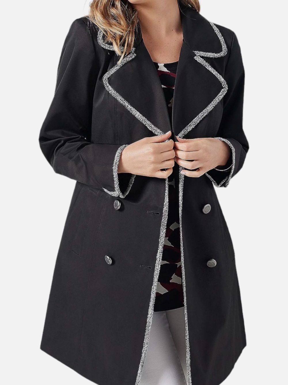 Dennis Basso Womens Trench Coat Size L Black Tweed Trim Belted Double Breasted